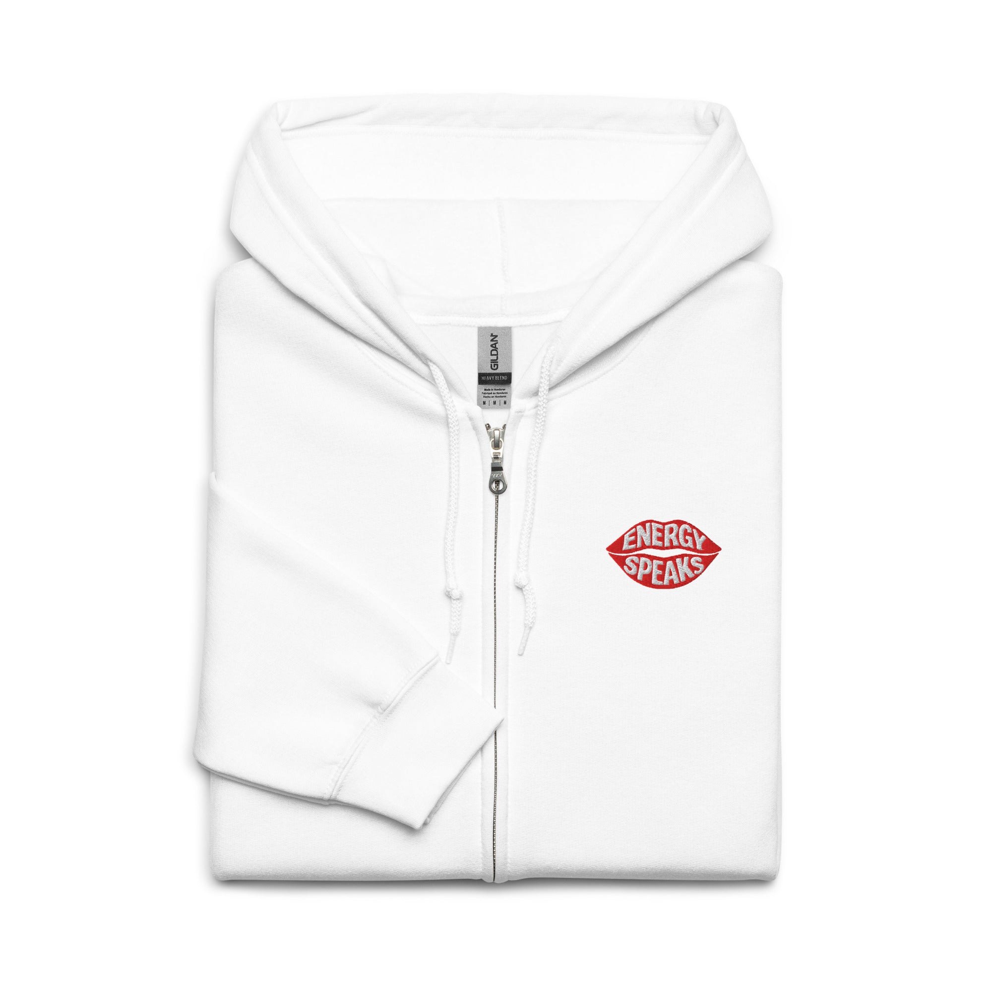Folded white zip-up hoodie featuring a red lips graphic with the words 'Energy Speaks.'