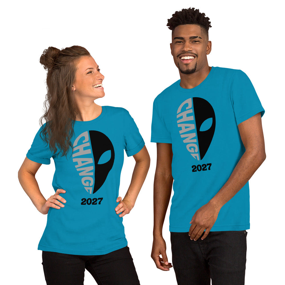 Aqua blue unisex t-shirt featuring the “Change 2027” design.