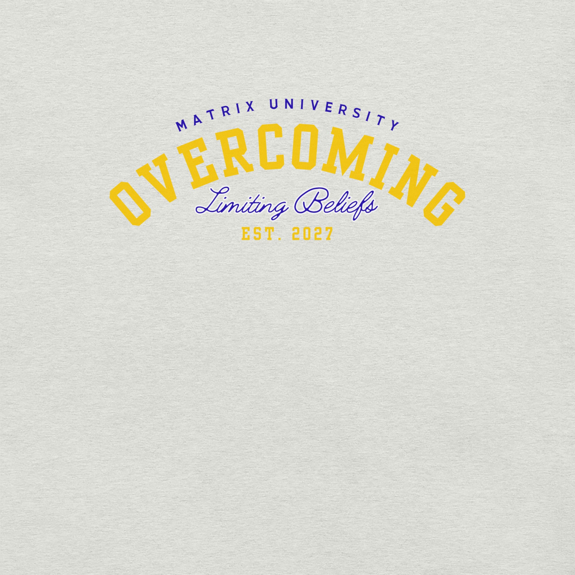Close up of the Matrix University-Overcoming Limiting Beliefs design printed on the front of a unisex t-shirt.