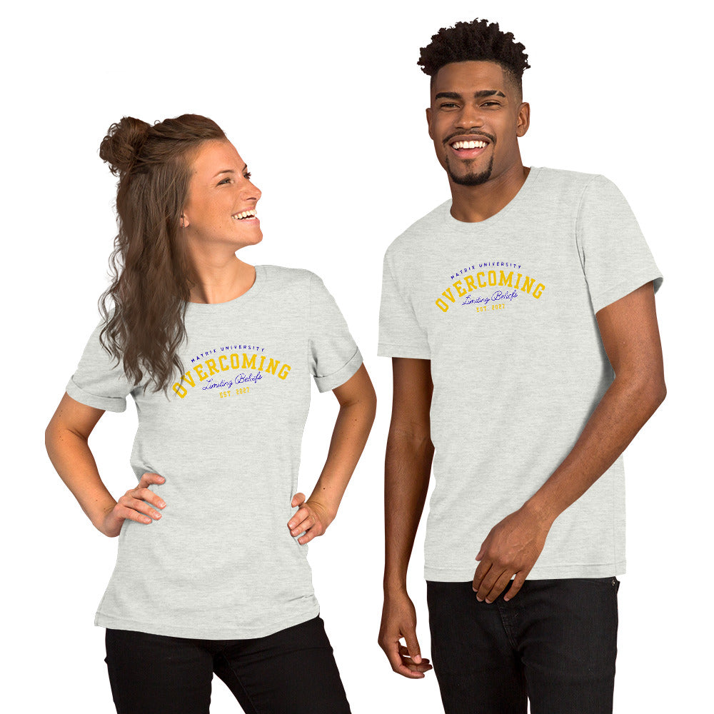 Light grey unisex t-shirt featuring the phrase 'Matrix University-Overcoming Limiting Beliefs.'