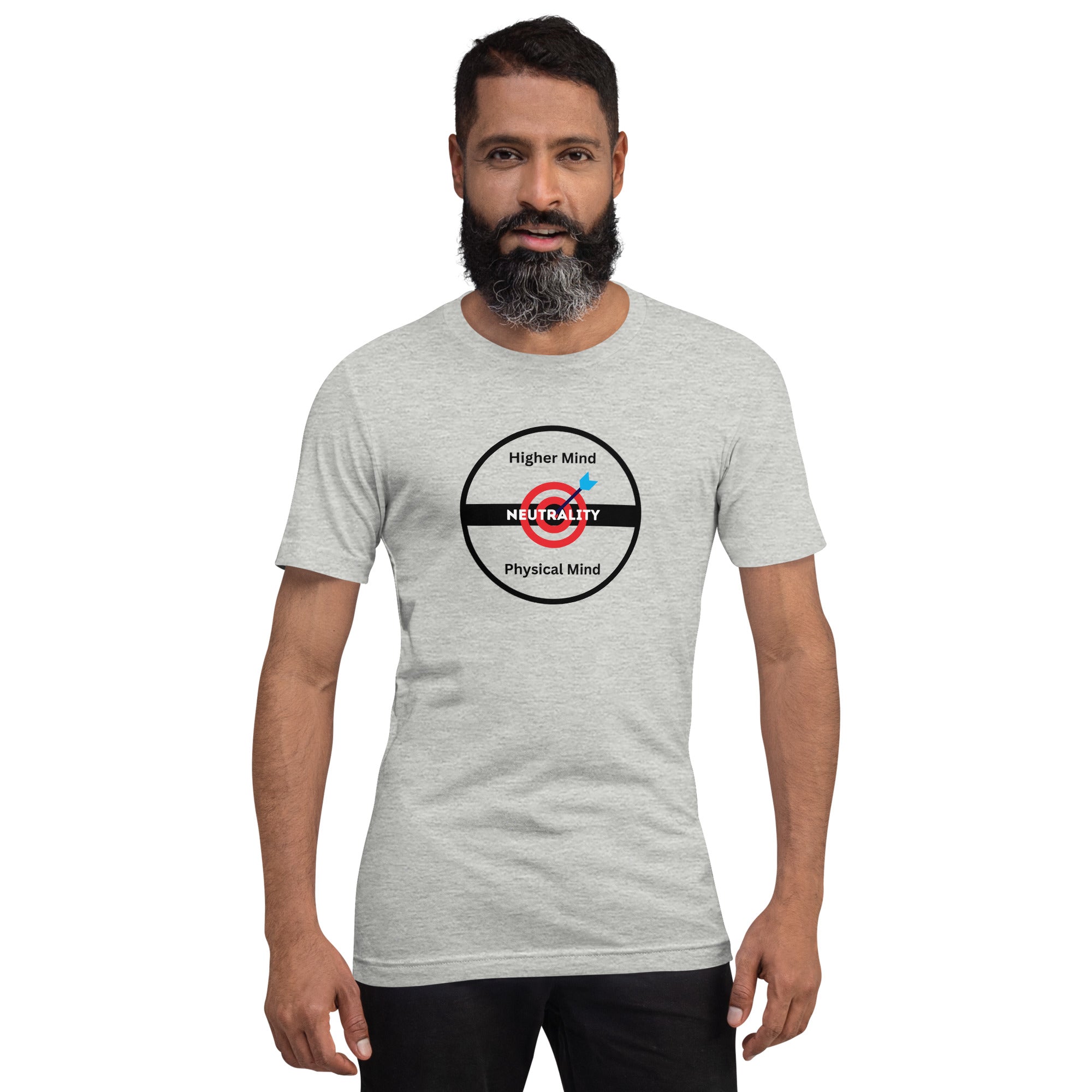 Heather grey unisex t-shirt featuring a neutrality target design representing balance between the higher mind and physical mind.