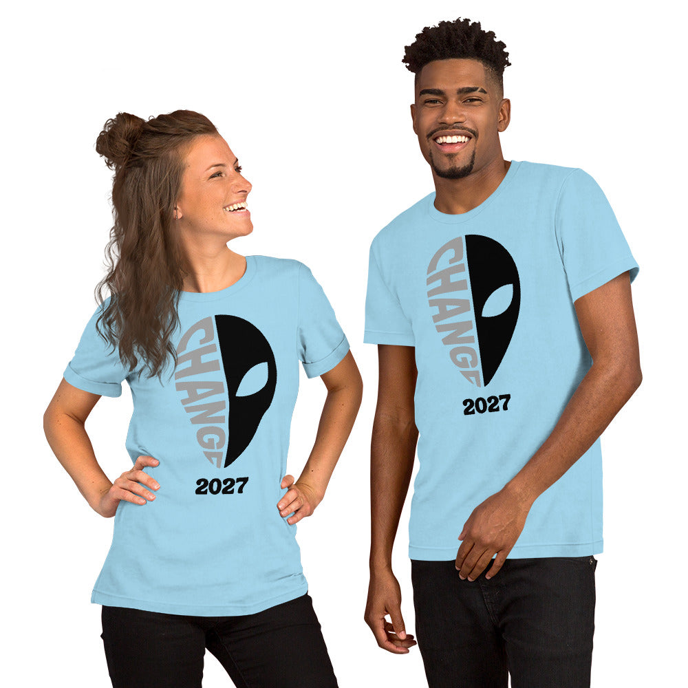 Light blue unisex t-shirt featuring the “Change 2027” design.