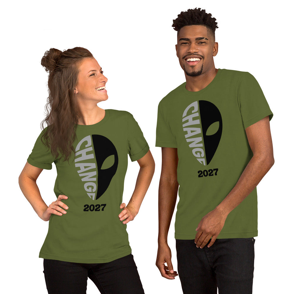 Olive unisex t-shirt featuring the “Change 2027” design.