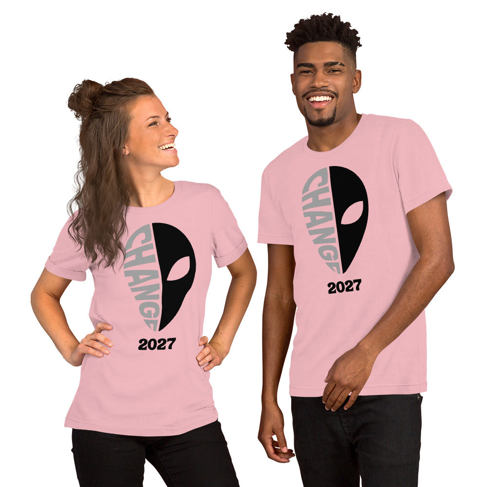 Pink unisex t-shirt featuring the “Change 2027” design.