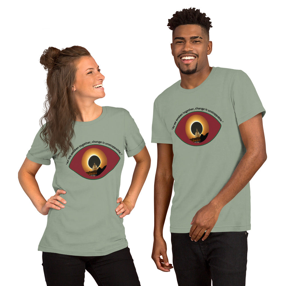 Sage unisex t-shirt featuring the phrase “As We Awaken Together."