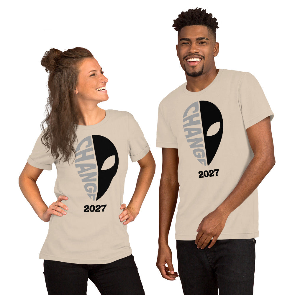 Cream unisex t-shirt featuring the “Change 2027” design.