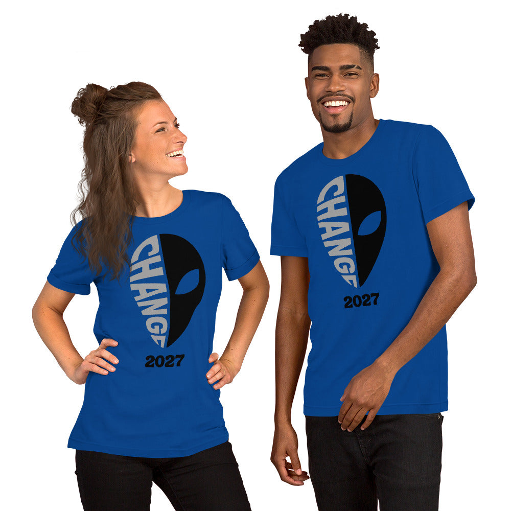 Royal blue unisex t-shirt featuring the “Change 2027” design.