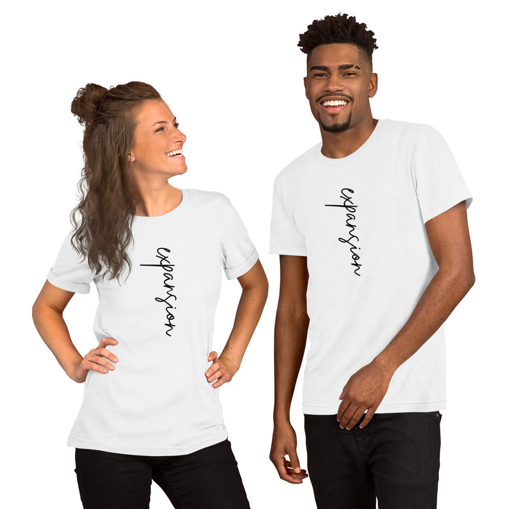 White unisex t-shirt featuring the word 'Expansion.'
