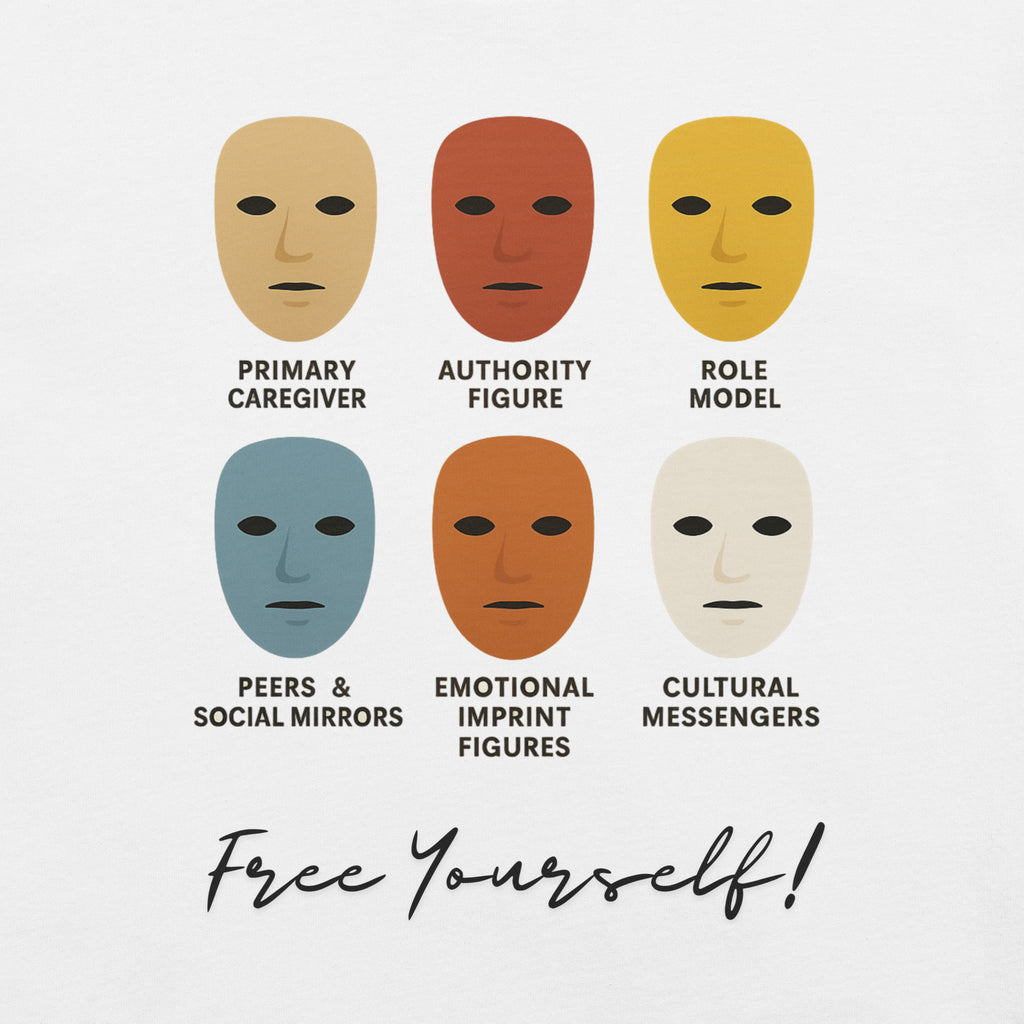 Close-up of illustrated face masks labeled with social influence roles and the phrase “Free Yourself!” printed on a unisex t-shirt.