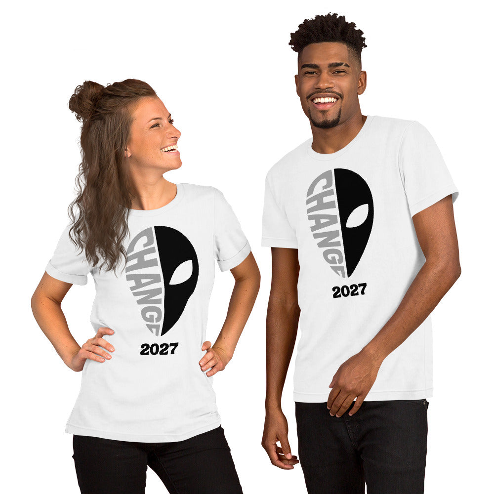 White unisex t-shirt featuring the “Change 2027” design.