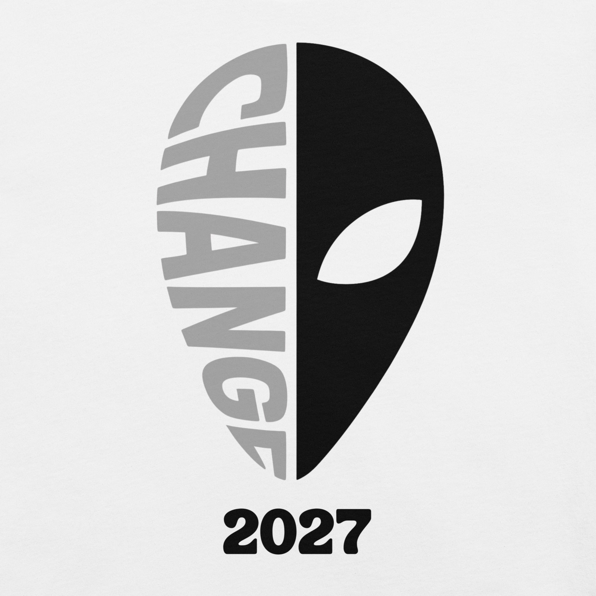 Close-up of a split-face mask graphic with the word “CHANGE” vertically aligned and the year “2027” beneath.