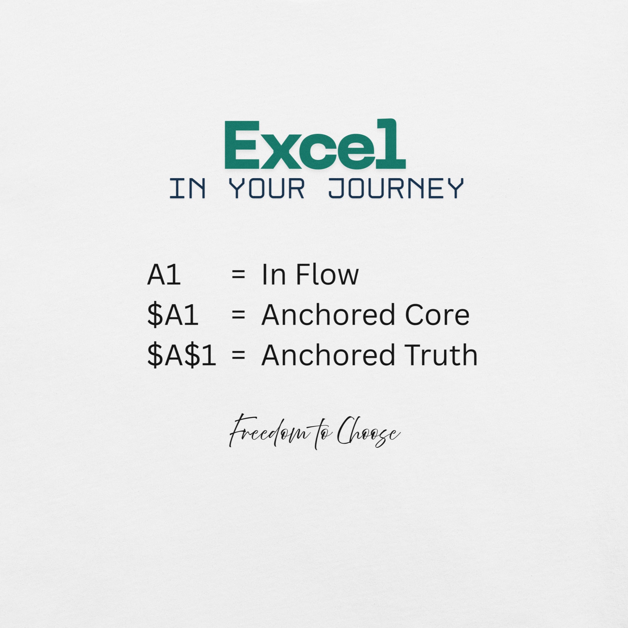 Unisex white t-shirt featuring the phrase “Excel in Your Journey,” with definitions of A1 as In Flow, $A1 as Anchored Core, and $A$1 as Anchored Truth.