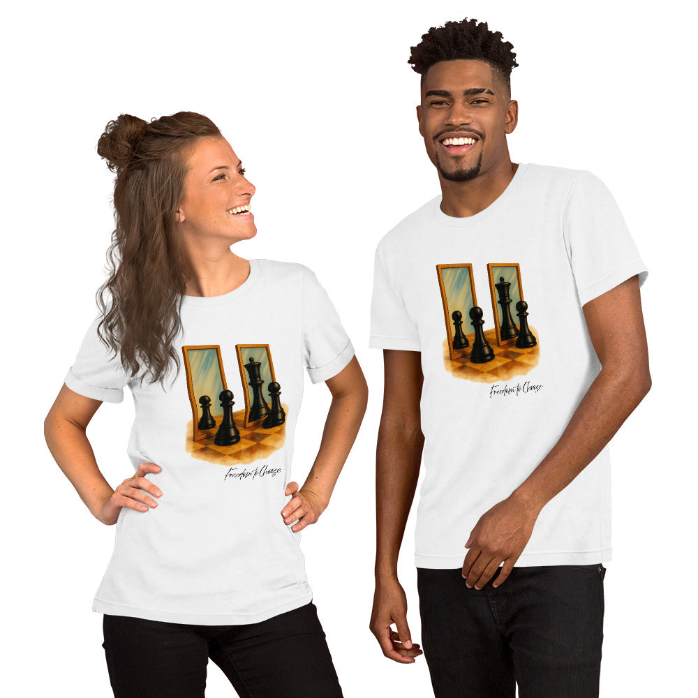 White unisex t-shirt featuring a symbolic chessboard design with pawns facing mirrors.