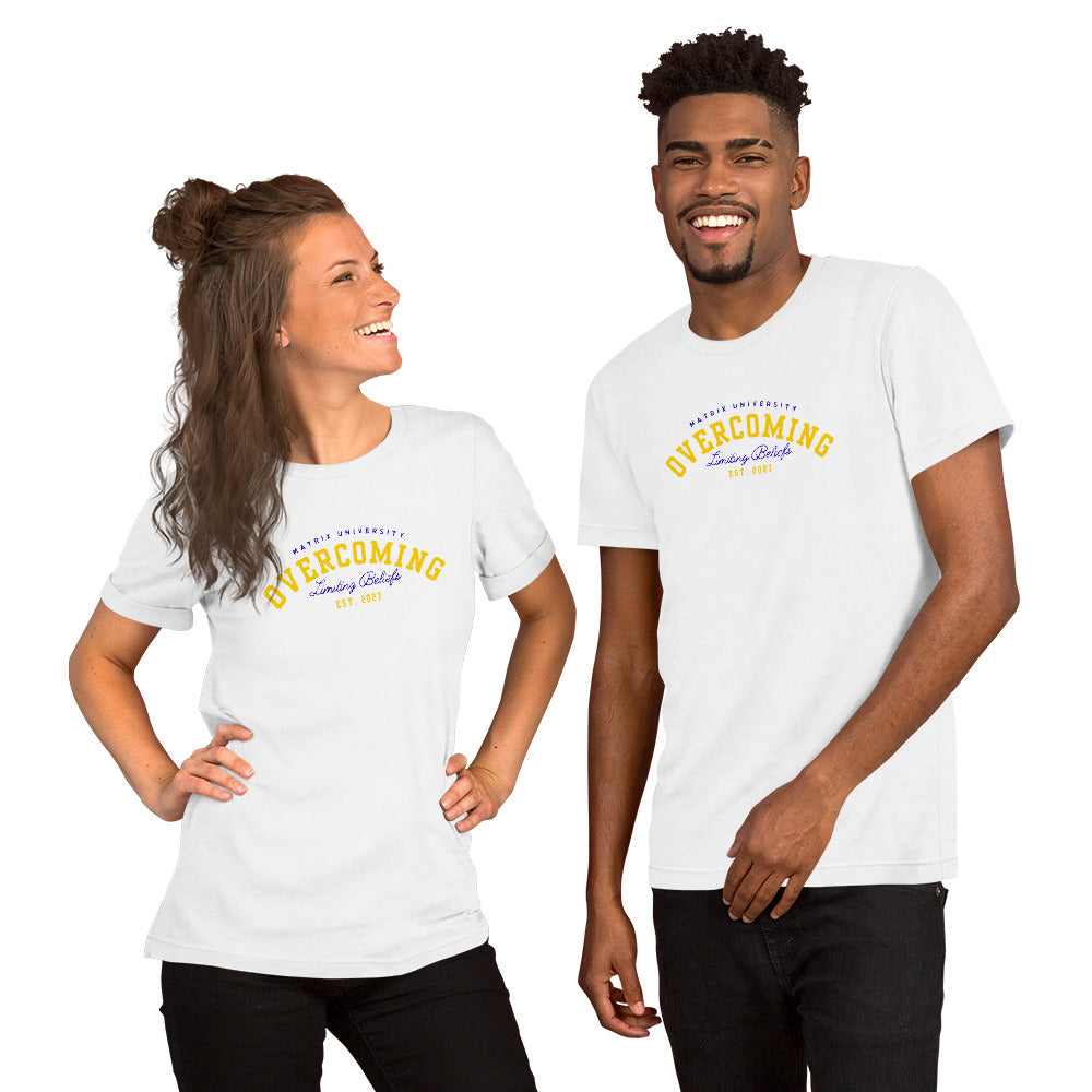 Unisex t-shirt featuring the phrase 'Matrix University-Overcoming Limiting Beliefs.'