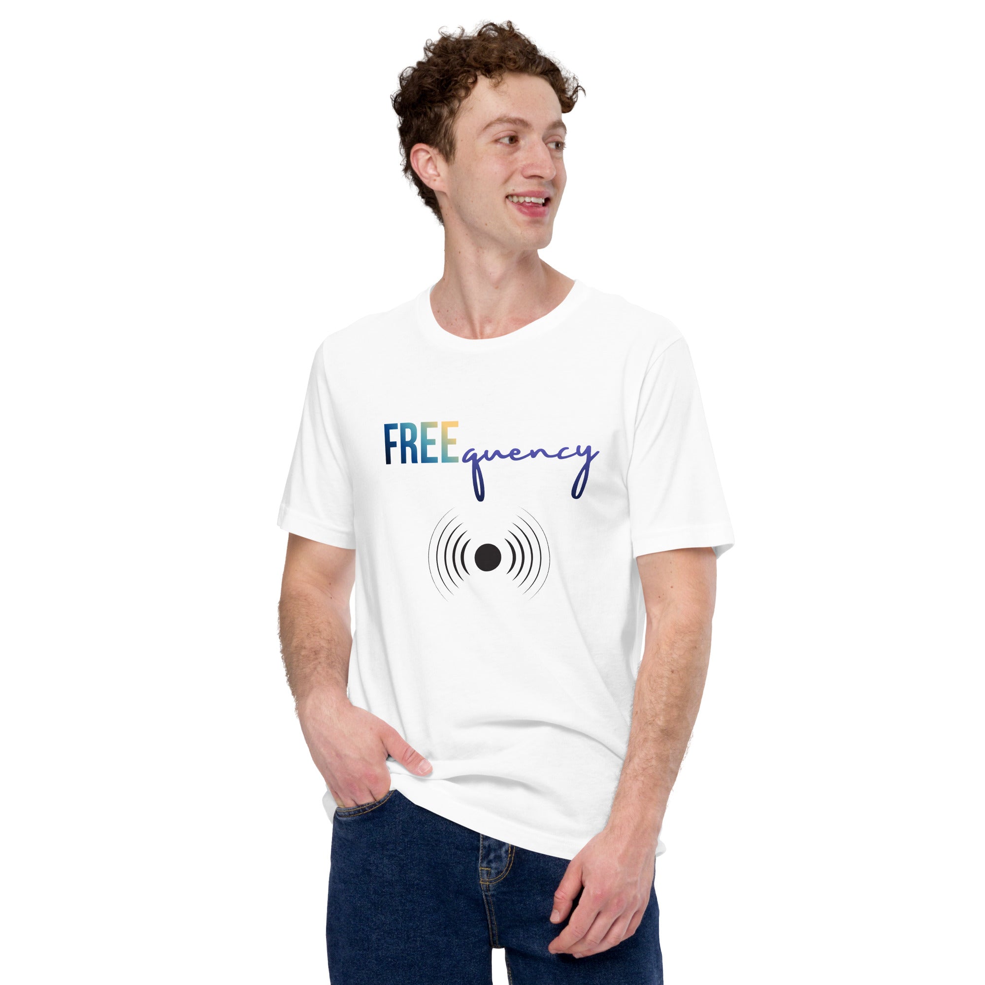 White t-shirt featuring the word “FREEquency” in blue and gold gradient lettering above a circular sound wave symbol, representing frequency and vibration.