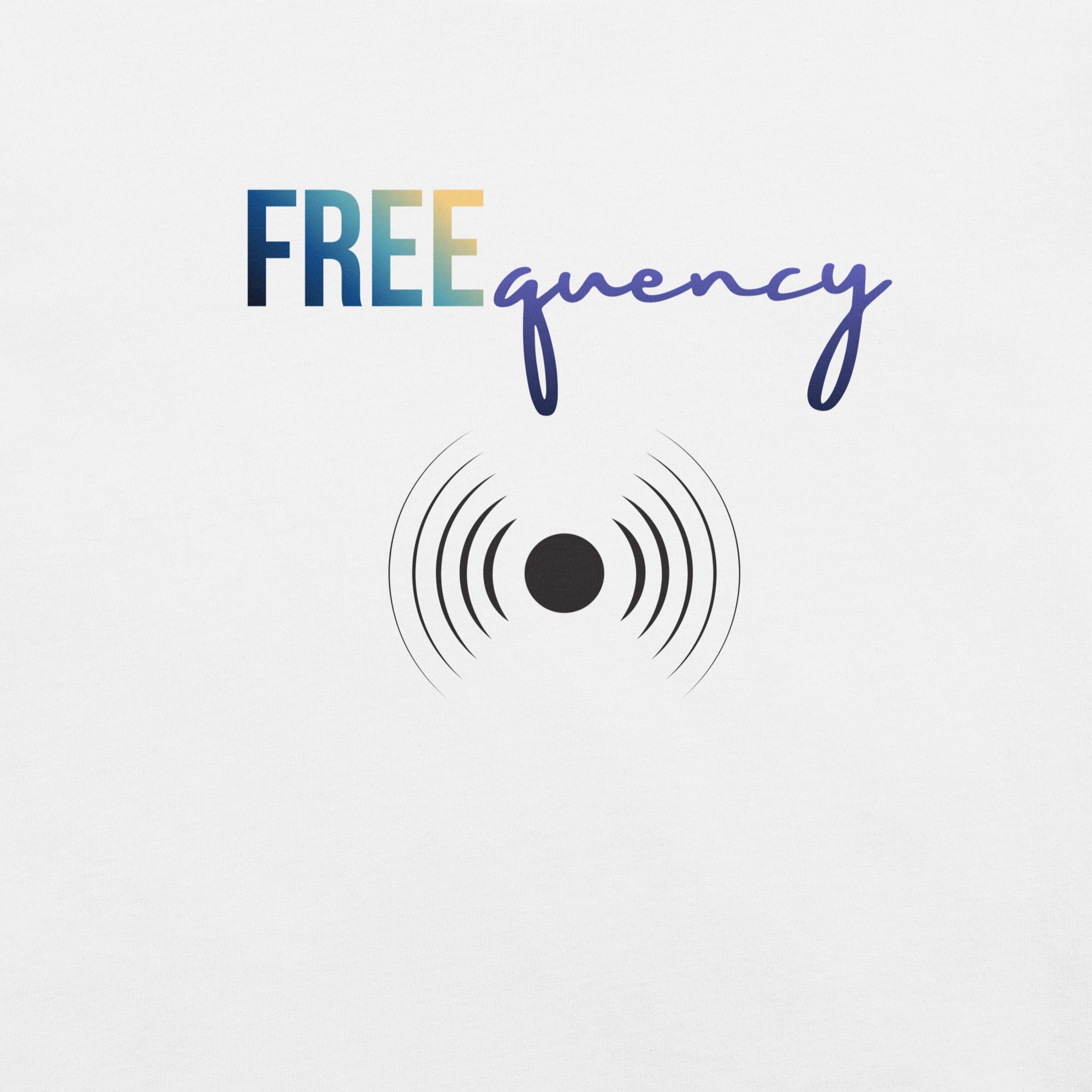 Close-up of the “FREEquency” design showing stylized lettering and a central sound wave icon symbolizing energy and vibration.