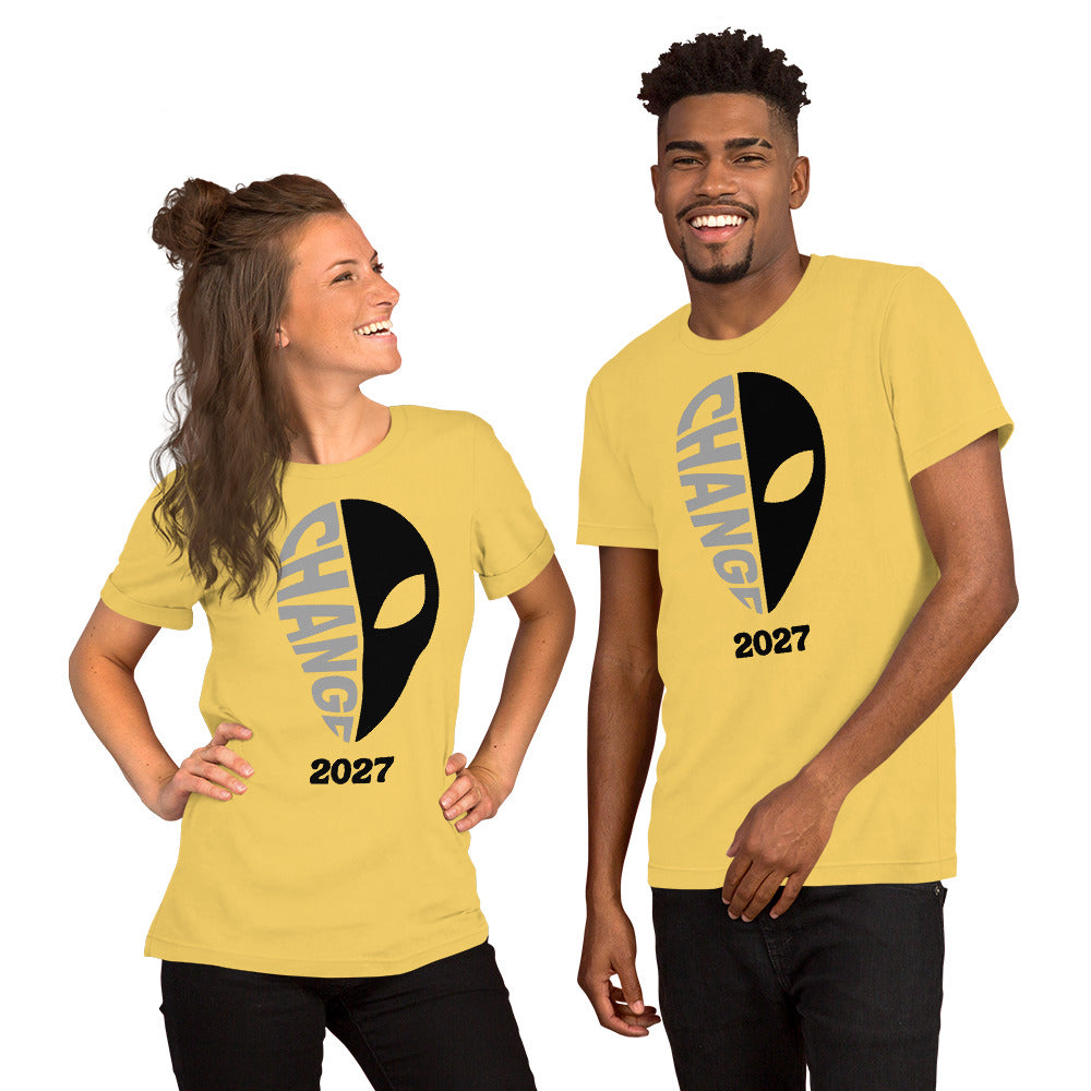 Yellow unisex t-shirt featuring the “Change 2027” design.