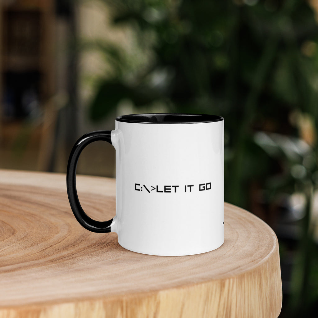 White mug with minimalist “let it go” text design, clean modern style for mindfulness and emotional release
