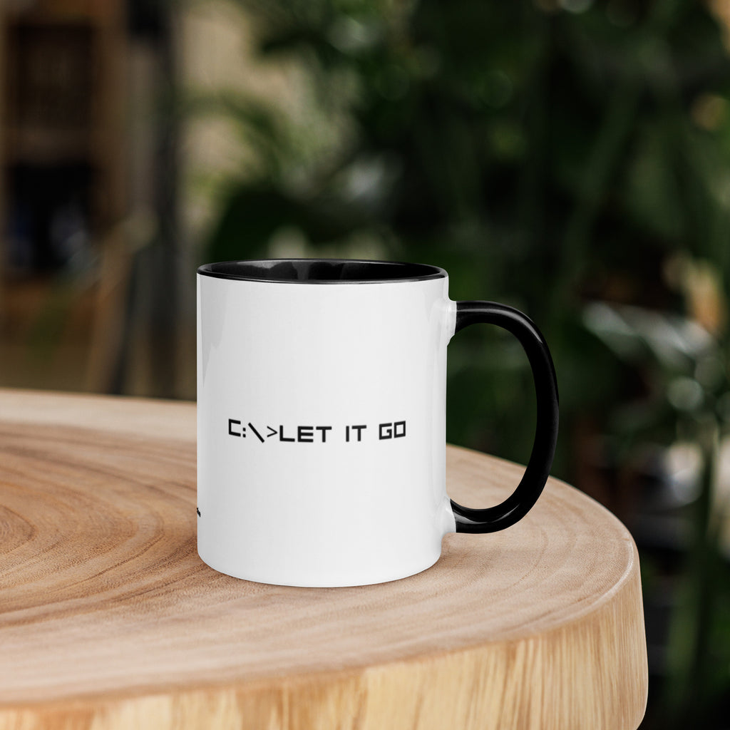 White mug with minimalist “let it go” text design, clean modern style for mindfulness and emotional release