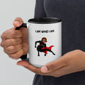 White mug with superhero illustration and red cape, “I am who I am” text representing confidence and self-identity.