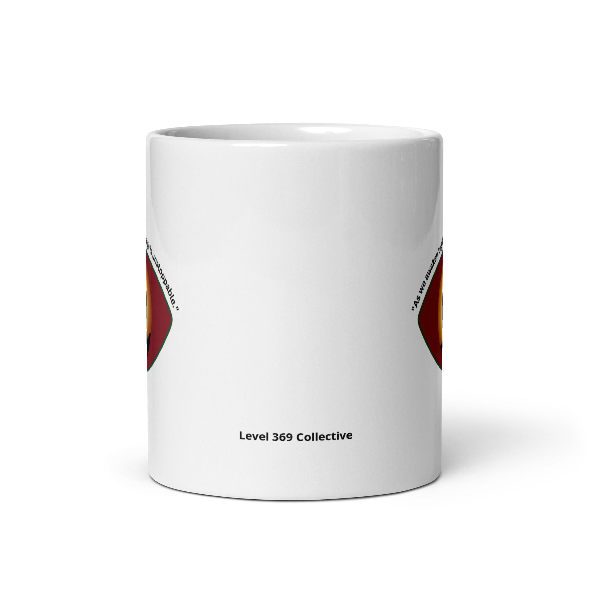 As We Awaken Together mug with Level 369 Collective logo text on side.