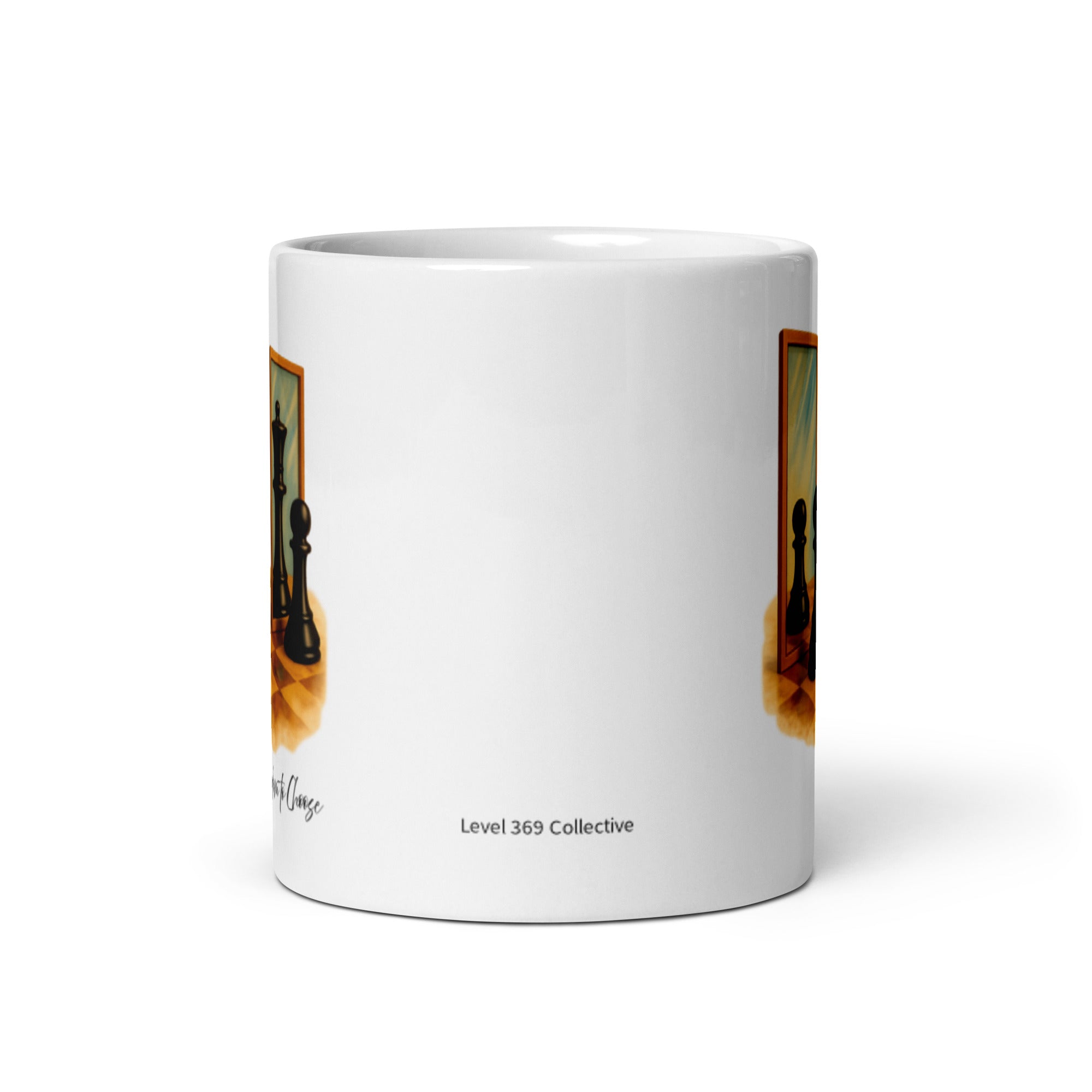 White ceramic mug back view with “Level 369 Collective” text and partial chess mirror design wrapping around the sides