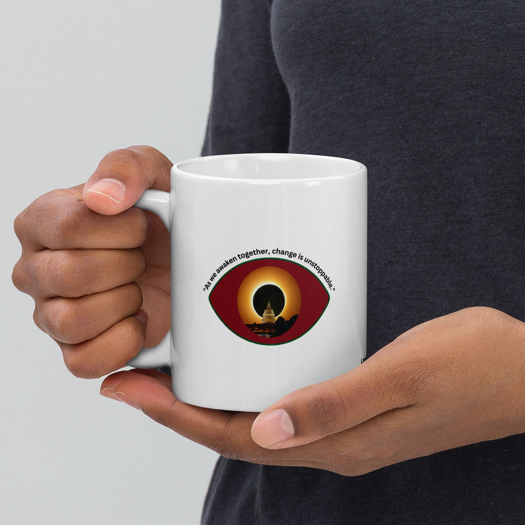 As We Awaken Together mug held in hands Level 369 Collective.