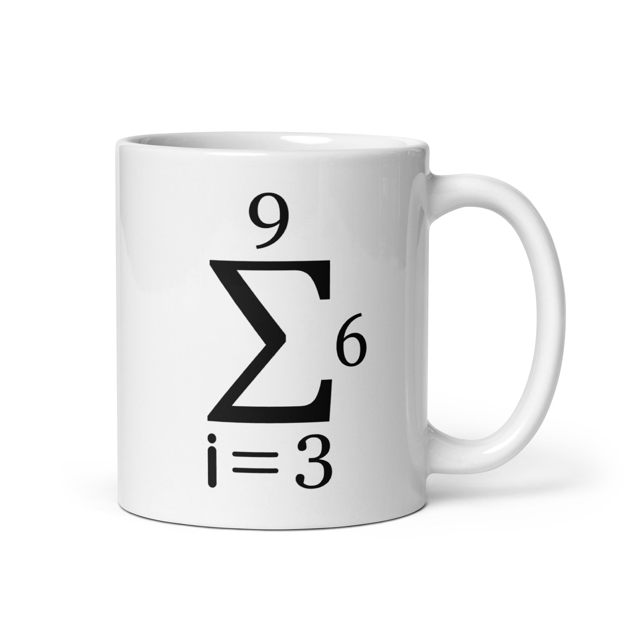 White ceramic mug featuring the 3–6–9 summation symbol.
