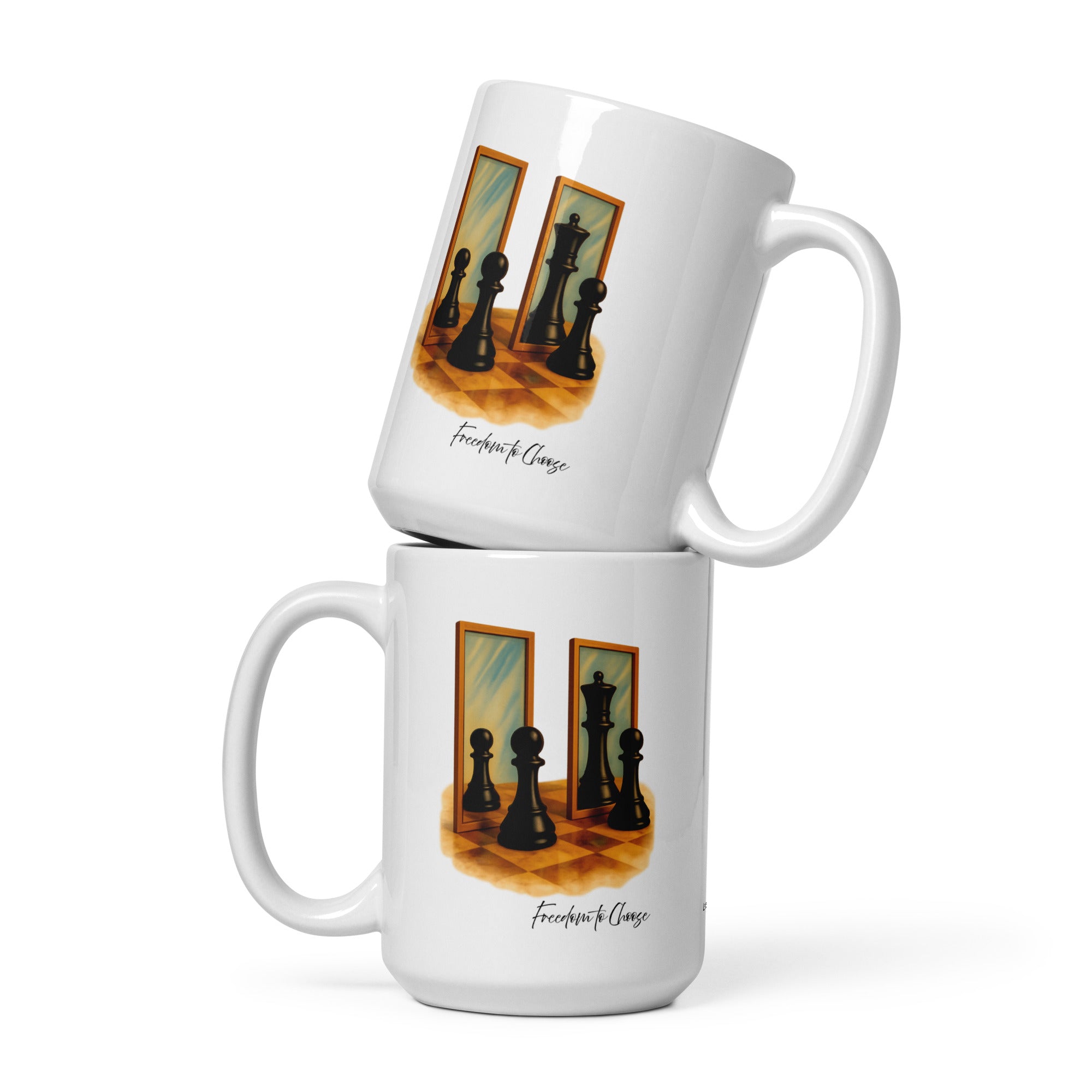 Stacked white mugs displaying chess pieces facing mirrors design, representing self-awareness, perspective, and intentional choice