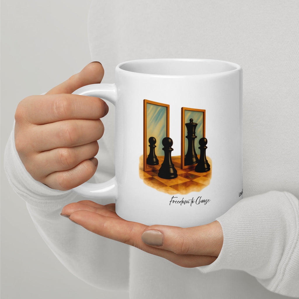 White ceramic mug with chess pieces and mirrors design symbolizing perception, reflection, and the power of choice