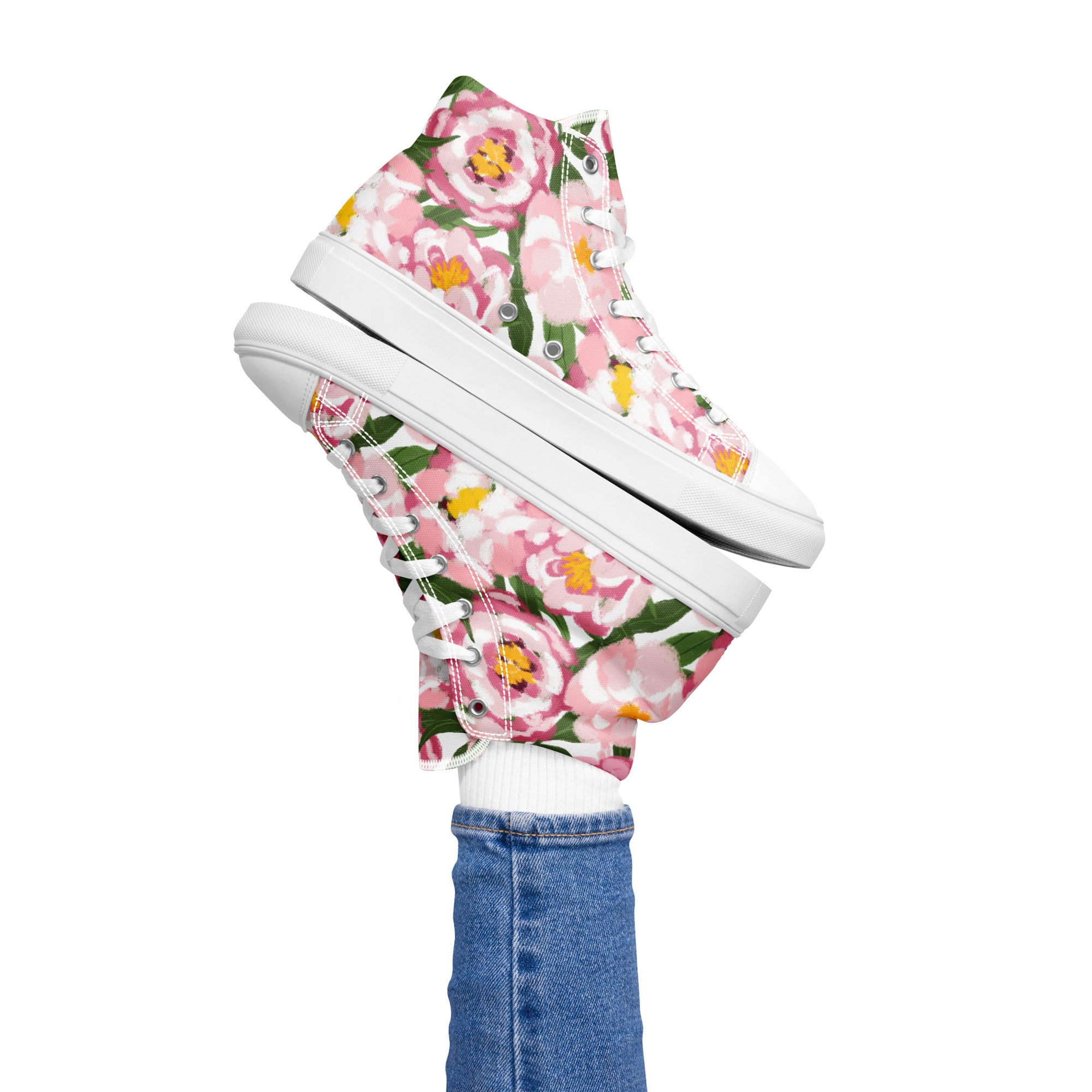 Pink floral women’s high-top canvas shoes with vibrant botanical pattern.