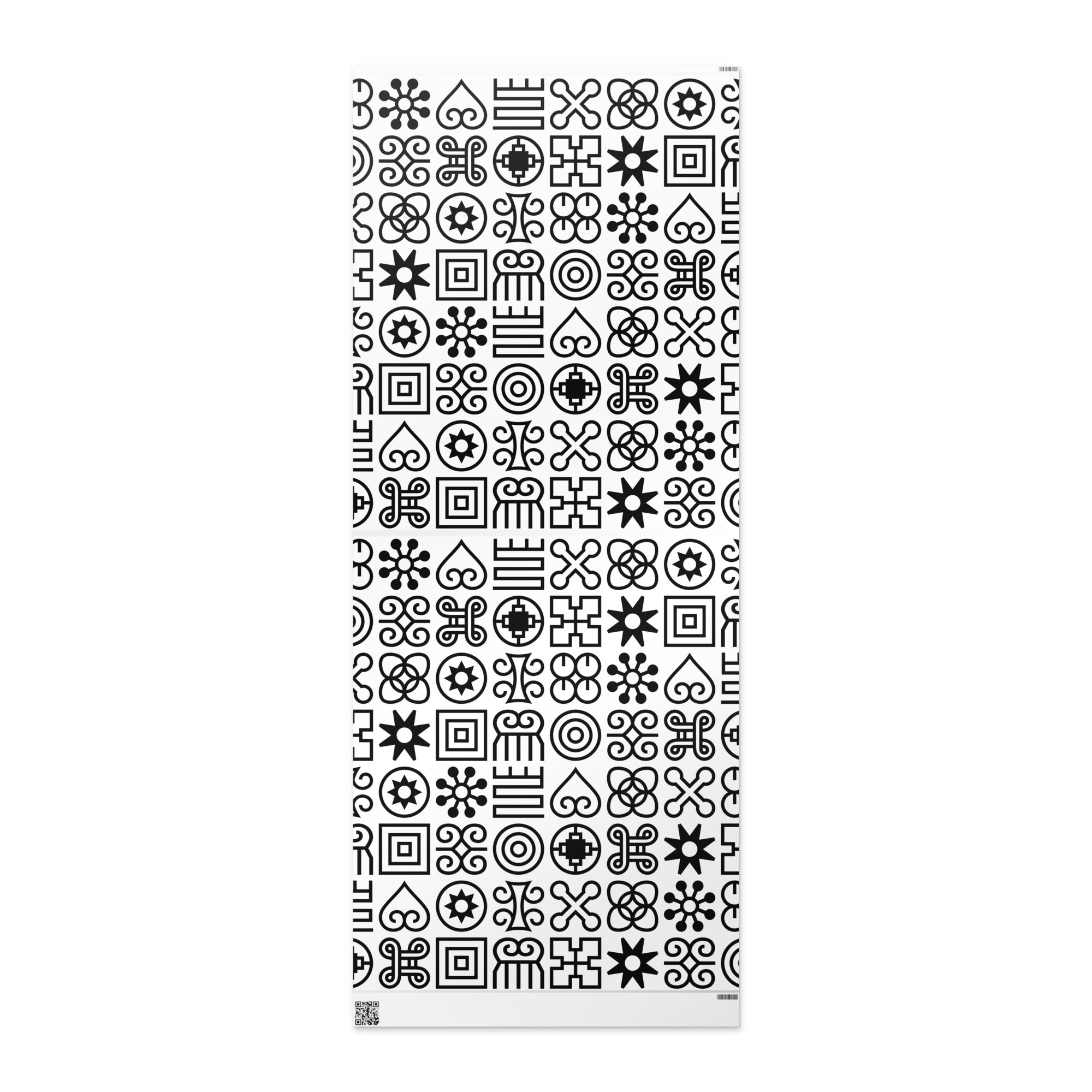 Wrapping paper roll featuring African-inspired Adinkra symbols.